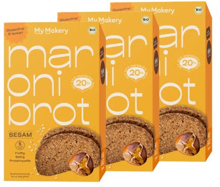 My Makery Maronibrot Backmischung 3er Set Sorte Sesam I glutenfrei, bio, vegan I lower carb, protein- & ballaststoffreich I 20% Kastanienmehl I ohne Zuckerzusatz I ohne künstliche Zusatzstoffe