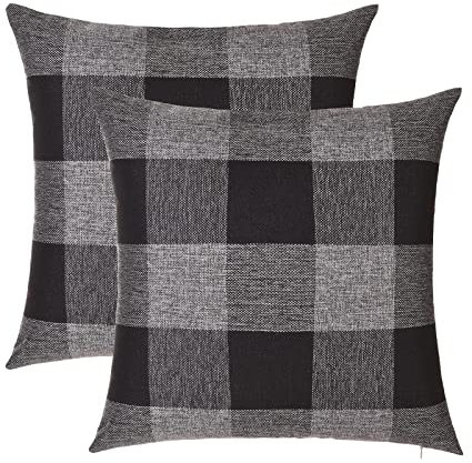 Tosewever Set mit 2 Buffalo Karo Plaid Kissenbezügen, Bauernhaus Rustikale Kissenbezüge, Baumwolle Leinen Wurf Kissenbezüge Kissenbezug für Heimdekoration, Auto, Bett, Sofa, 2 Stück, schwarz & grau)