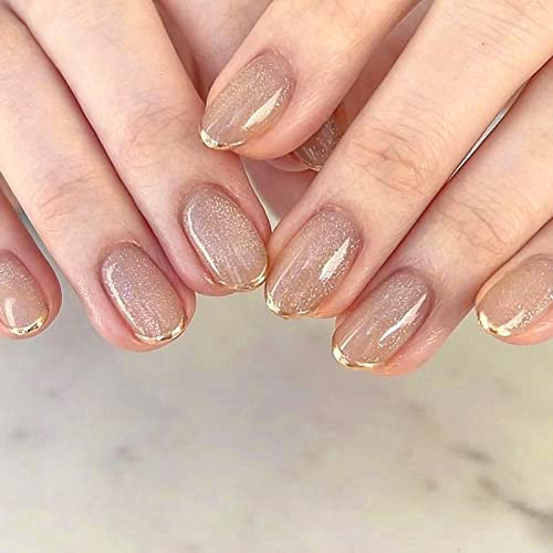 24Pcs Short False Nail, Round Glossy Press on Nails French Tips Gold Glitter Acrylic Fake Nails, Reusable Artificial Full Cover Stick on Nails with Glue Stickers for Women Girls