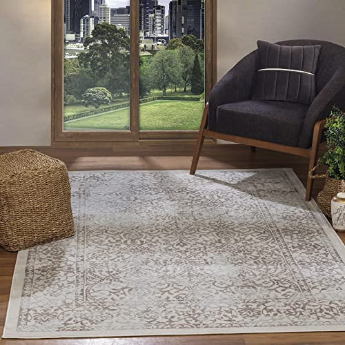 Livabliss Faro Vintage Teppich groß - Orientalischer Teppich Wohnzimmer 200x274 cm, Esszimmer, Schlafzimmer - Boho Teppich, Kurzflor Teppich für einfache Pflege - Muster Teppich in Taupe und Elfenbein