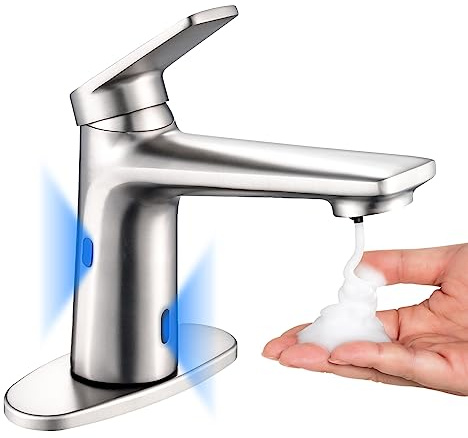 GOESMO Bathroom Faucet with Built-in Soap Dispenser, Adjustable Hot & Cold Water Temperature, Short & Long Sensor Modes, Touchless Automatic Basin Sensor Faucet (Brushed Nickel)