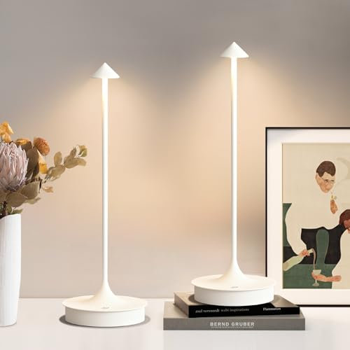 JICAI Tischlampe Kabellos, LED Tischleuchte Akku Kabellose Aufladbar, Dimmbare Touch Control Tischlampen, IP54 wasserdicht Outdoor Tischlampe für Esszimmer/Bar/Terrasse/Kaffee(2PC, Weiß