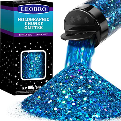 LEOBRO Holographic Chunky Glitter 160G/5.64OZ for Resin Cosmetic - Ocean Blue Flakes Sequins for Body, Face, Crafts