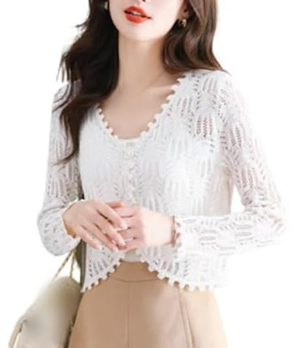 FWSHANGMAO Cardigan Short Sleeve,Women's Long Sleeve Shrug Summer Crochet Floral Lace Bolero Cardigan V Neck Mesh Jacket Short Button Elegant Shoulder Jacket See Through Cover-Up for Dresses,White,L