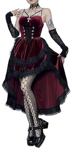 Goth Clothes Plus Size Gothic Hi Low Swing Cocktail Party Dress Women's Vintage Goth Lace Smocked Elastic Waist Pleated Flowy Bodycon Dresses