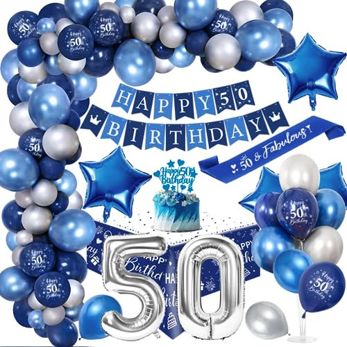 50. Geburtstagdeko Män, 50 Jahre Blau Silber Balloon Arch Kit mit Happy Birthday Banner, Cake Topper, Tischdecke, Geburtstag Sash, Große Anzahl 50 Ballon, Chrom Blau Silber Luftballons