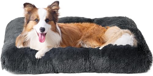 EHEYCIGA Flauschig Hundebett Mittelgroße Hunde, Hundekissen Grosse Hunde Waschbar, Kuschelig rutschfest Hundematte mit Langem Plüsch, Dunkel Grau, 90x60cm