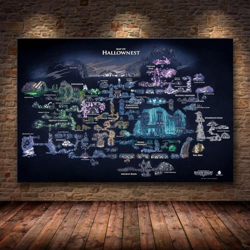 LSYALUCK Hollow Knight Map The Game Poster, Dekoration, Gemälde auf HD-Leinwand von Hallownest, Poster, Wandkunst für Zimmer, Heimdekoration, 35 x 55 cm (14 x 22 Zoll), Innenrahmen