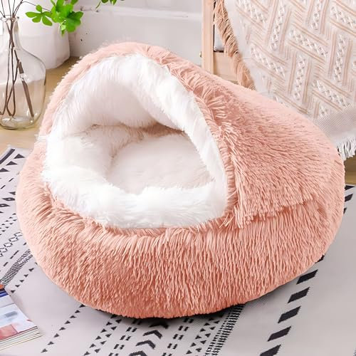 Yuly Panier Semi-fermé pour Chat et Chien - Coussin Apaisant Moelleux, Lavable, Anti-anxiété et Antidérapant (Rose)