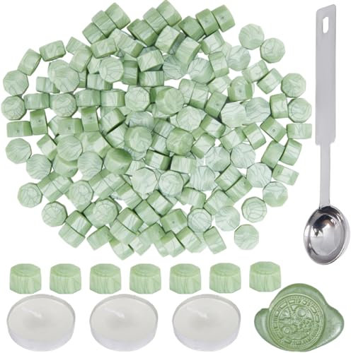 CRASPIRE 100 Stück Wachssiegelperlen Hellgrün Achteckige Wachssiegelperlen Set Mit 1 Stück Edelstahllöffel Für Wachsstempelversiegelung Hochzeitseinladungen