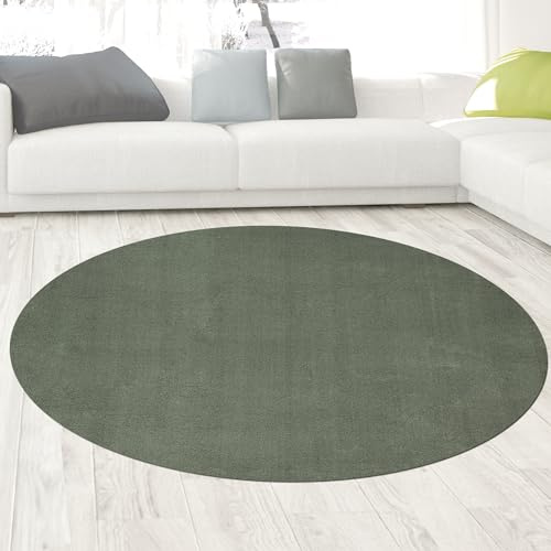 CARPETIA Wohnzimmer Teppich in Grün - Komfort mit flauschigem Uni Design Größe 120 cm Rund