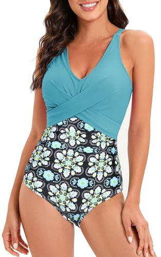 Century Star Badeanzug Damen Bauchweg Große Größe Push Up Mit Bügel und Cups Blau-Grüner Druck 42-44