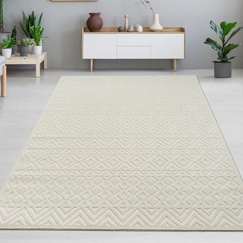 CARPETIA Moderner Outdoor Teppich wetterfest Terrasse Balkon Boho-Style hochwertig pflegeleicht Creme, 160 x 220 cm