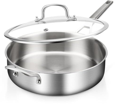 YEKSUM Stainless Steel Saute Pan, Tri-Ply Saute Pan 5QT, 12 Inch Deep Frying Pan with lids, Compatible with All Cooktops Up to 650℉, 3-layer Large Skillet with Stay Cool Handle, Induction Pan, Durable