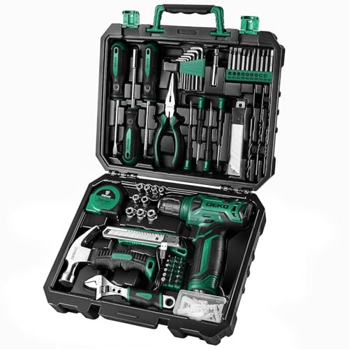 DEKO Caja Herramientas Completa con Destornillador Electrico/Taladro con bateria de 8V, Maletin de 126 Piezas, Caja profesional de herramientas Domésticas de Bricolaje para Oficinas y Jardín,Verde