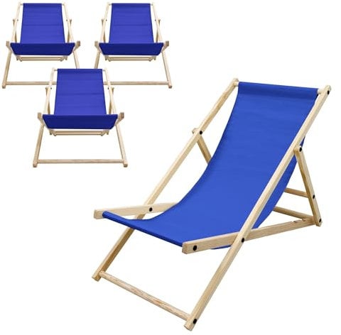 ECD Germany 4er Set Liegestuhl klappbar, Blau, aus Holz, verstellbare Rückenlehne, 3 Positionen, bis 120 kg, Sonnenliege Gartenliege Strandliege Strandstuhl Holzklappstuhl, für Garten, Balkon & Strand