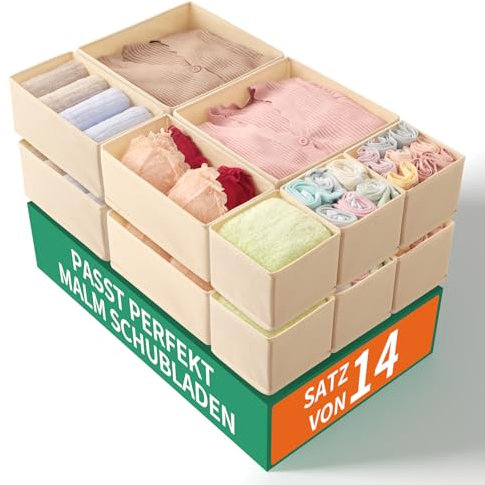 ORLISA 14er Set Schubladen Organizer kompatibel mit MALM Kommode Passgenau für Schrank, Kommoden Wickeltischen, Faltbar Modular einsetzbar, Beige