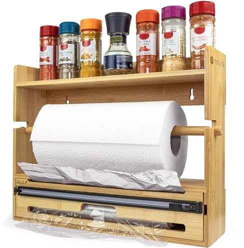 naturlik Taglia-pellicola 4-in-1: Dispenser per pellicola alimentare, Porta rotolo da cucina, Dispenser alluminio & Porta spezie – Porta-rotoli da parete di qualità per la cucina