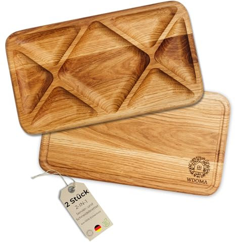 WDOMA Frühstücksbrettchen holz aus Eiche 2er Set - Servierbrett Holz - Snackteller mit Fächern - Vesperbrett Holz - Holzplatte Servierplatte Frühstück Abendbrot - Servierteller Jausenbrett