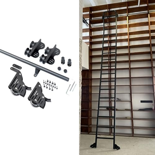 SZITW Einziehbarer Rollleiterbausatz für Bibliotheken (ohne Leiter), Hardwarebausatz für horizontale Rollen mit Seilzug zur Wandmontage, Schiebeleiterbausatz für Bibliotheken, Stabiler Stil und fu