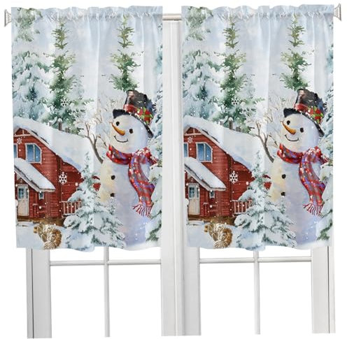 Rideaux de Cuisine de Noël, 2pcs / Set 27,5x36 Pouces de Neige Motif Rideaux de Noël pour la Cuisine, Rideaux de Douche de Noël Semi-ombragés, Rideau de fenêtre Court (Blanc)