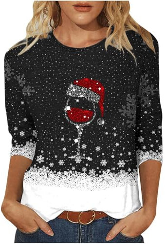 Christmas Tops for Women Light Up Christmas Tree Printed Tops Sparkly Wine Glass Xmas Shirts Crewneck Blouse Casual Pullover 3/4 Sleeve Tunic Tees for Work Officce