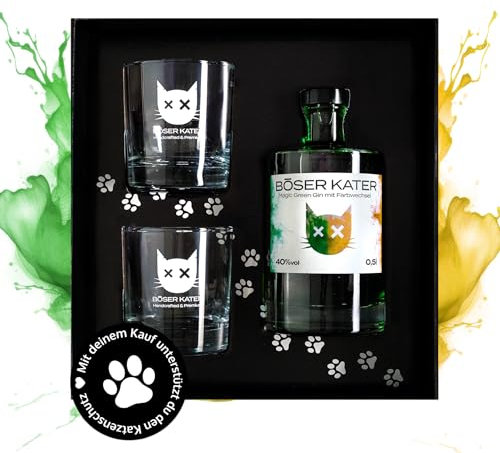 BÖSER KATER Magic Green Gin Geschenkset mit 2 Gläsern | Farbwechsel-Effekt von Grün zu Gelb-Orange durch Tonic | Das perfekte Gin Geschenk in hochwertiger Box | Fruchtiger Zitrusgeschmack 0,5l 40%