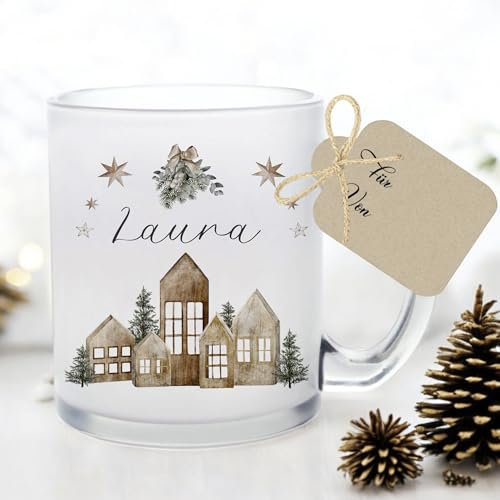 Manufaktur Liebevoll I Tasse Weihnachten Glastasse Glühweintasse mit Namen Weihnachtstasse personalisiert Tasse Nikolaus Weihnachtsgeschenke Kinder Glühwein Tasse boho vintage Frauen Männer (Laura)