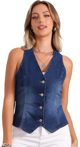 Allegra K Gilet Jeans Donna Estivo Gilet Elegante con Bottoni Scollo A V Giubbotto Senza Maniche Giacca In Denim Blu Scuro XS