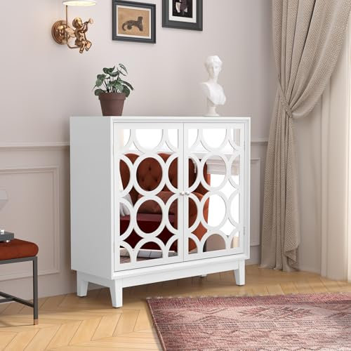 MROJISC Sideboard mit Spiegeltüren, Kommode Sideboard Wohnzimmer Schrank Aufbewahrungsschrank Küchenschrank Komodenschrank-Weiß