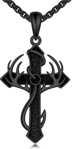 YONFQE Angelhaken-Kreuz Halskette für Jäger 925 Sterlingsilber Geweih-Schmuck Unisex