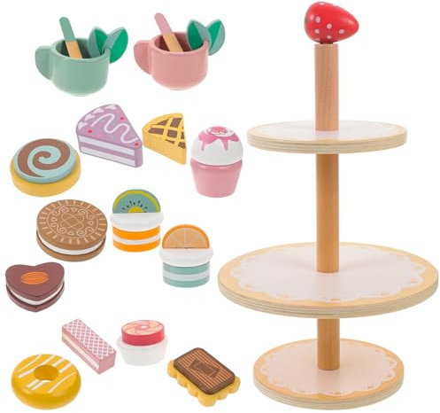 GALPADA Wooden Cake Play Set Dessert Stand for Toddlers Pretend Play Toy with Simulation Cupcake and Kitchen Accessories Early Educational Gift for Boys and Girls