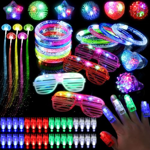 Mikulala 64-teiliges LED-Leuchtspielzeug Party-Set - Glow-in-the-Dark Partyaccessoires mit Fingerlichtern(40), LED-Leuchtringen(8), Blinkbrillen(4), Armleuchtern (8) & faseroptischen Haarlichtern(4)