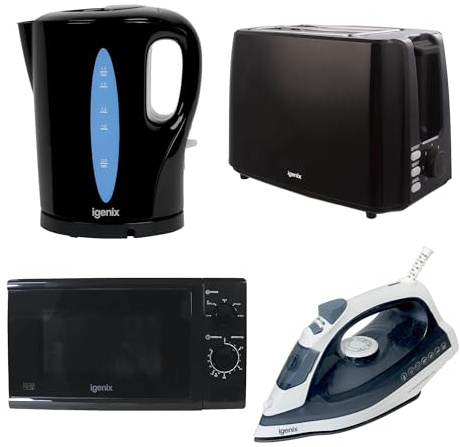 Igenix 4-Piece Kitchen & Home Appliance Set – 1.7L 2200W Fast Boil Kettle, 750W 2-Slice Toaster, 20L 800W Microwave Oven & 1600W Steam Iron – Black