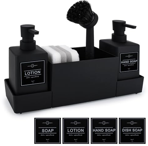 Dispenser Sapone Cucina, Set di Dispenser Detersivo Piatti Ricaricabile | Porta sapone cucina con spugna e spazzola, organizer lavello 4 in 1