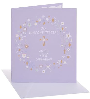 UK Greetings | Communion Card for Girl | Wreath with Cross Design