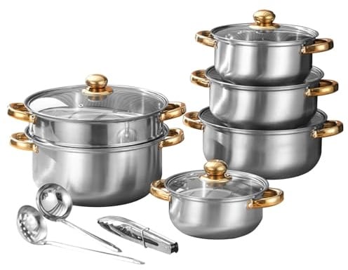 14-Piece Stainless Steel Pot & Pan Sets,Kitchen Cookware Set,with Glass Lids Stay-Cool Handles Tongs Soup Ladle,Induction Suitable