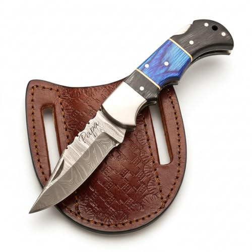 KlingenFreunde Damast Taschenmesser aus echtem Damaststahl – in Deutschland geschärft – personalisierte Gravur – hochwertiges Geschenk (Pekkaholz (Blau/Schwarz), Basis)
