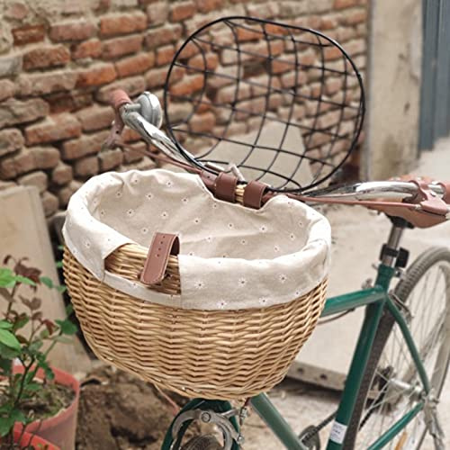 SUNGOOYUE Bicycle Front Basket, Hand Woven Rattan Pet Carrier with Wire Mesh Cover and Accessories, for Small Dogs Cats Toys Books Vegetables on Bike (Wood color)