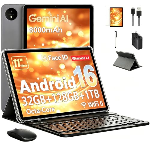 Tablet 11 Pollici con Gemini AI, Tablet Android 16 con Cover, Mouse & Tastiera, Octa-Core, 32 GB RAM + 128 GB ROM + 1 TB TF, 1920x1200 Display HD, 90 Hz, Fotocamera Doppia 8MP + 16MP, 8000mAh (Grigio)