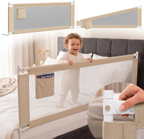 Bellabino Drina Rausfallschutz 180 cm, Beige, mit Gurt, höhenverstellbar | Bettschutzgitter 64-95 cm, Baby Bettumrandung mit Seitentasche, Schutzgitter Kinderbett, Bettgitter, Bettrausfallschutz