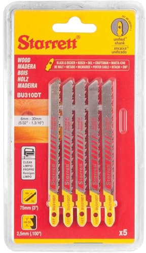 Starrett Wood Cutting Jigsaw Blades - 5 Pack BU310DT-5 Unified Shank Bi-Metal Saw Tapered Blade Clean Cuts - Compatible With Bosch Dewalt Hitachi Festool Milwaukee