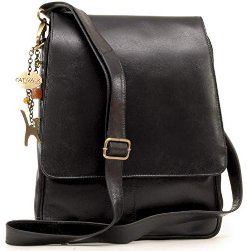 Catwalk Collection Handbags - Damen Leder Umhängetasche - Crossbody Bag/Handtasche Groß - Abnehmbarer Gurt - Für Notizbuch A4 - CITY - Schwarz