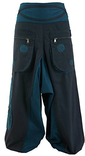 GURU SHOP Haremshose, Pluderhose, Pumphose, Aladinhose Spirale - Schwarz/Petrol, Damen, Baumwolle, Size:L