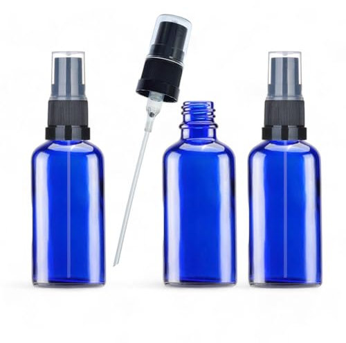 Elegant 50ml Blue Glass Spray Bottles - Set of 3 - for Beauty, Skincare, Aromatherapy and more. Ideal for Perfumes, DIY Beauty, Gifting and Cleaning. Refill, Preserve, Protect and Travel in Style!