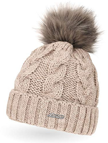 Neverless Damen Strick-Mütze gefüttert mit Fell-Bommel, Kunstfell, Winter-Mütze, Bommelmütze, hell-beige Unisize