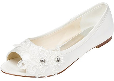 Emily Bridal Brautschuhe Frauen Satin Flache Ferse Peep Toe mit Crystal Heel Crystal (EU38, Ivory)