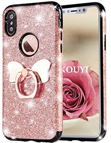 KOUYI for iPhone XS/X Case, [Glitter 3 in 1 Series] Fashion Glitter Sparkle Shiny Bling Diamond Protective Cover with Butterfly Ring Grip Holder Kickstand for iPhone XS/iPhone X (Pink)