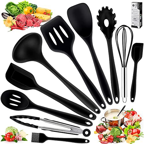 CHUER Ustensiles de Cuisine, 10 Pièces Ustensiles de Cuisine Silicone Comprend Porte-Ustensile - Outil de Cuisine Antiadhésif pour Cuisine Écumoire,Louche, Spatule,Cuillère à pâtes - Anti-Rayures