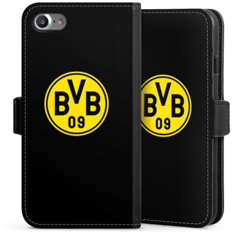 Klapphülle kompatibel mit Apple iPhone SE 2020 Handyhülle aus Kunst Leder schwarz Flip Case Borussia Dortmund Logo BVB